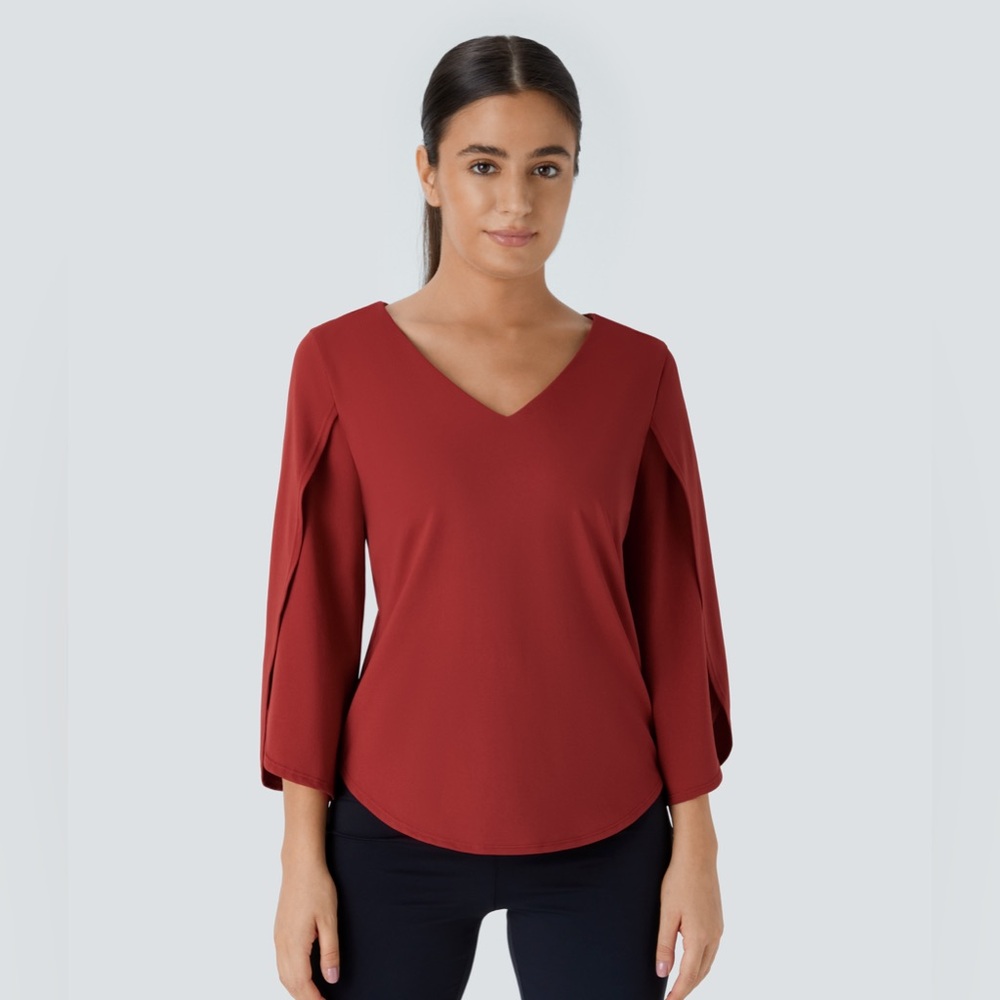 V Neck 3/4 Sleeve Curved Hem Work Top‎